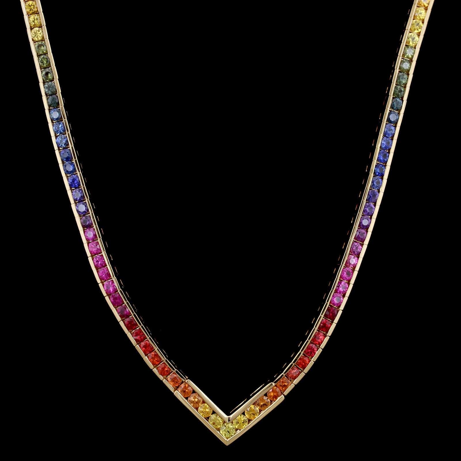 18K Yellow Gold Estate Multicolored Sapphire Necklace