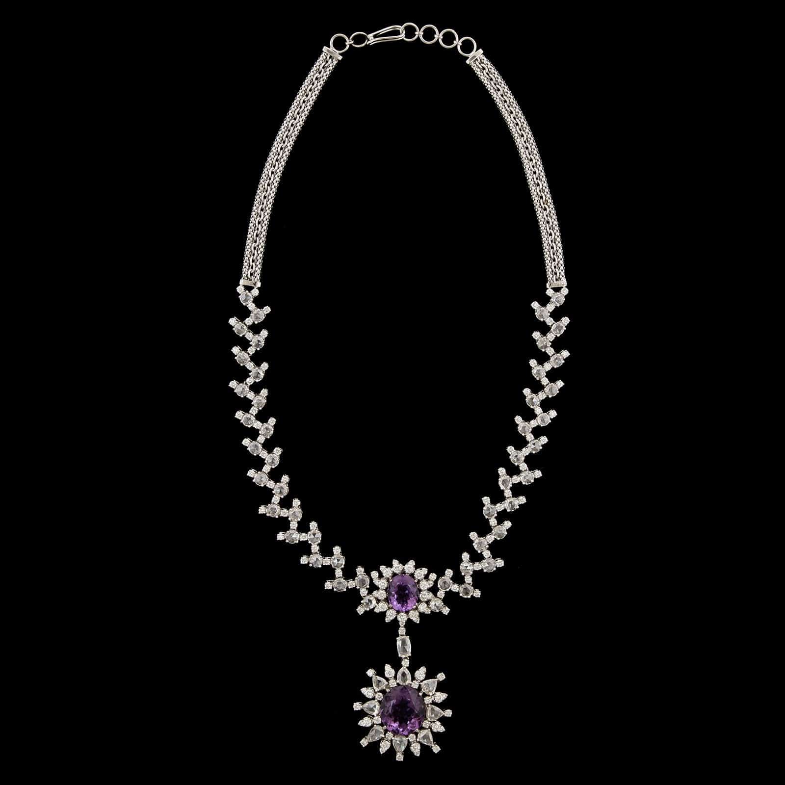 18K White Gold Amethyst and Diamond Necklace. 