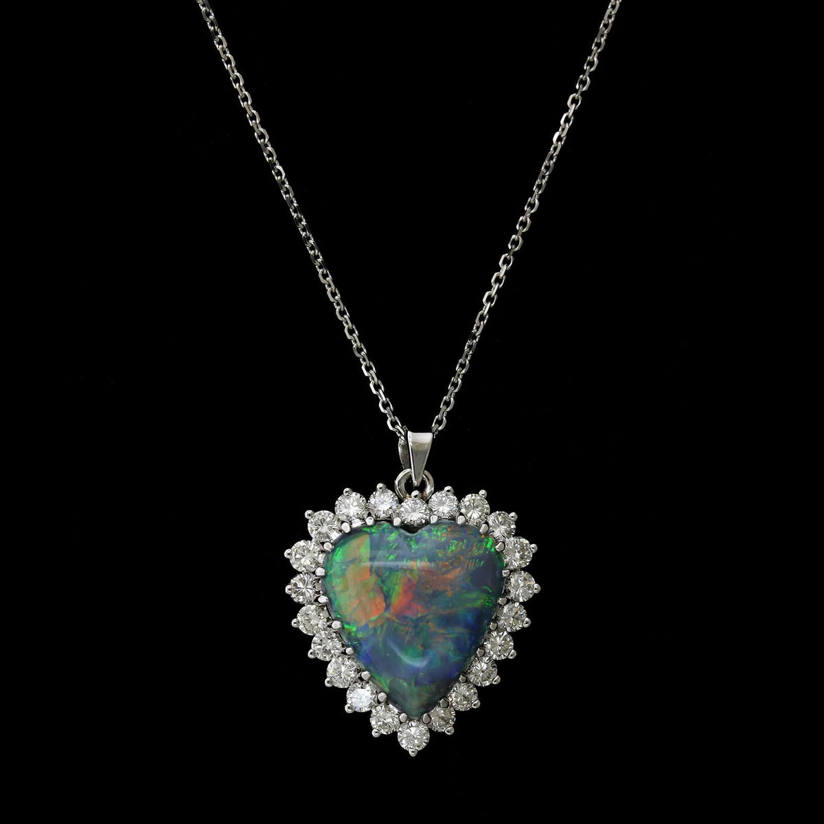 18K White Gold Estate Black Opal and Diamond Heart Pendant