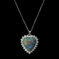 18K White Gold Estate Black Opal and Diamond Heart Pendant