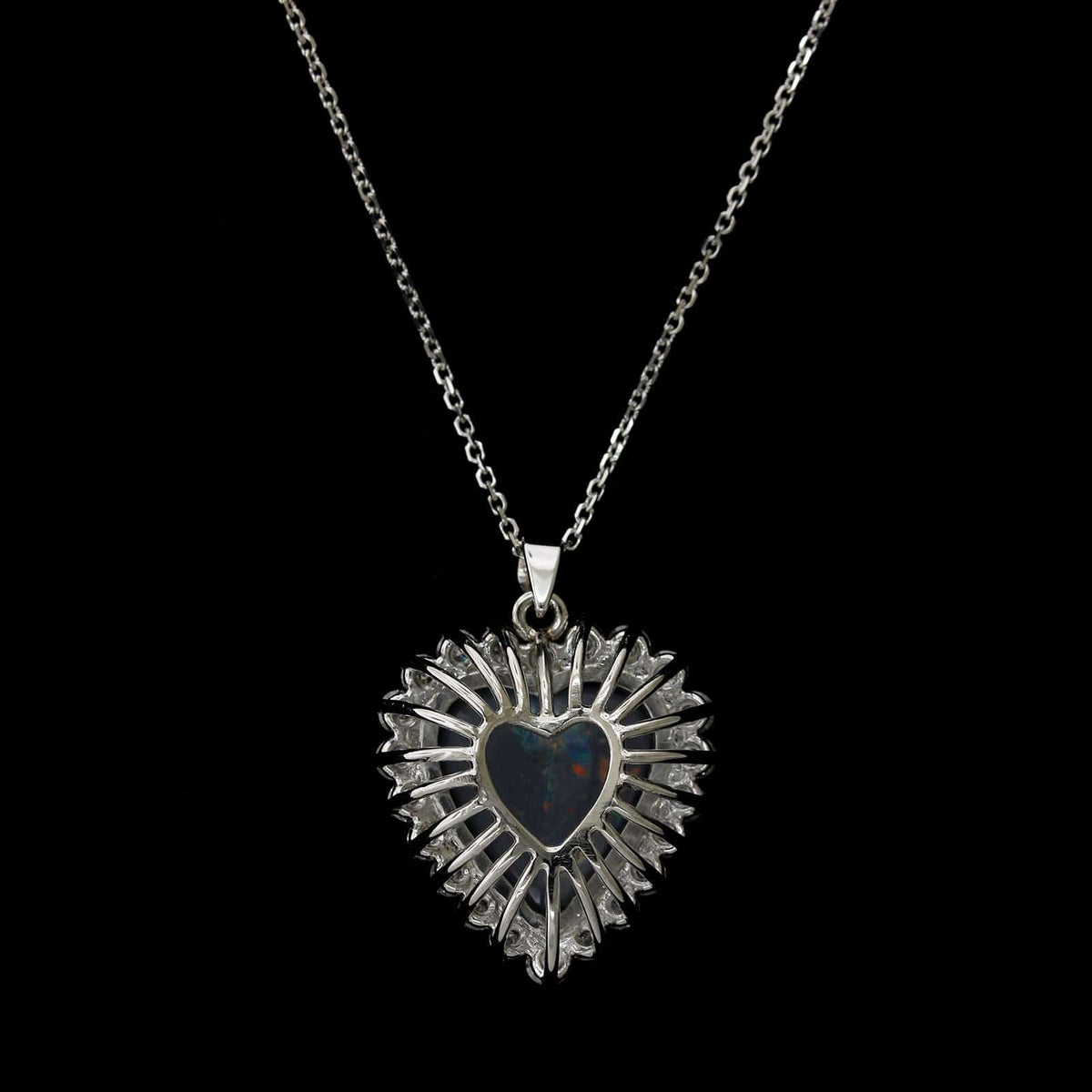 18K White Gold Estate Black Opal and Diamond Heart Pendant