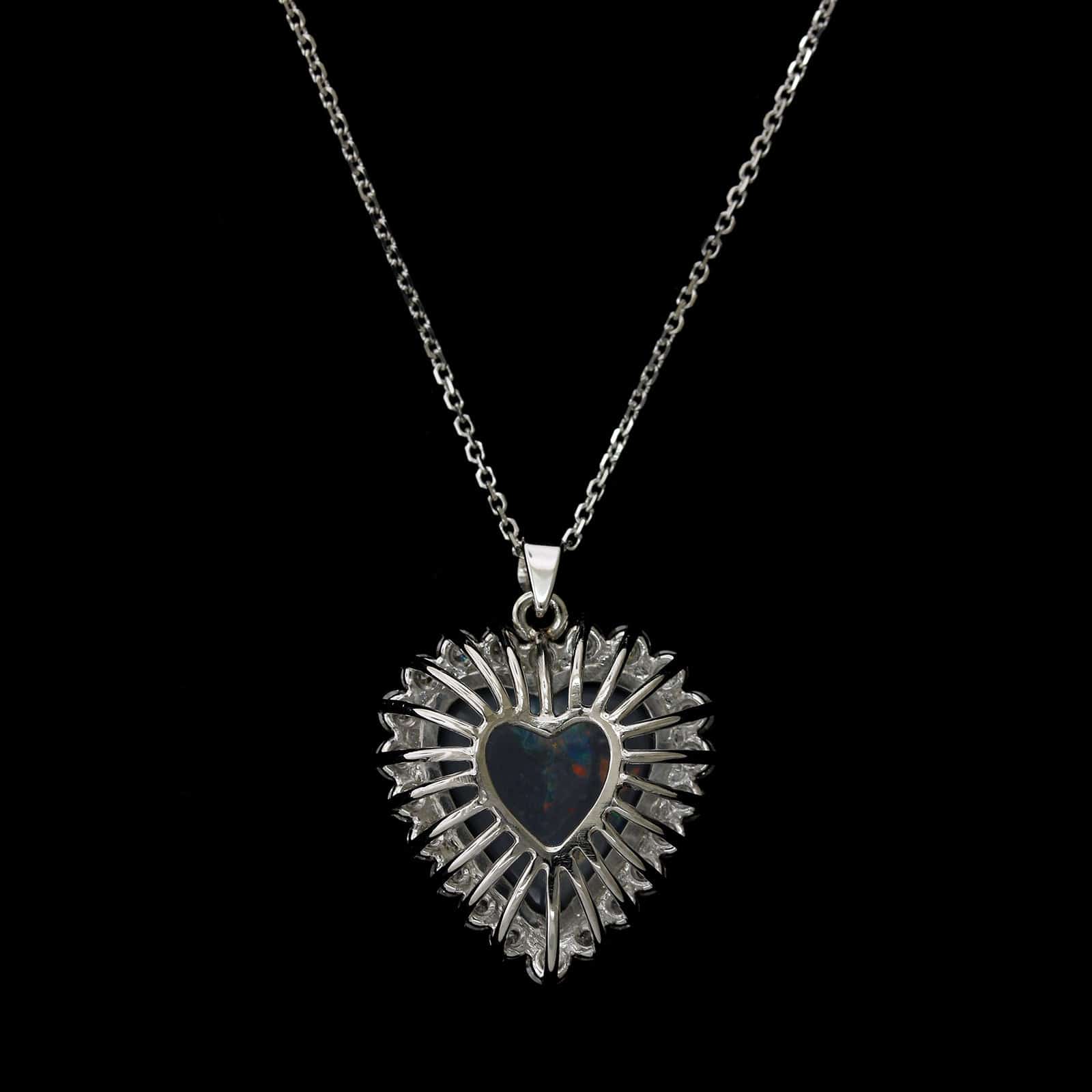 18K White Gold Estate Black Opal and Diamond Heart Pendant