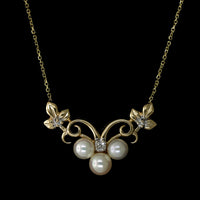 14K Yellow Gold Estate Cultured Pearl and Diamond Necklace