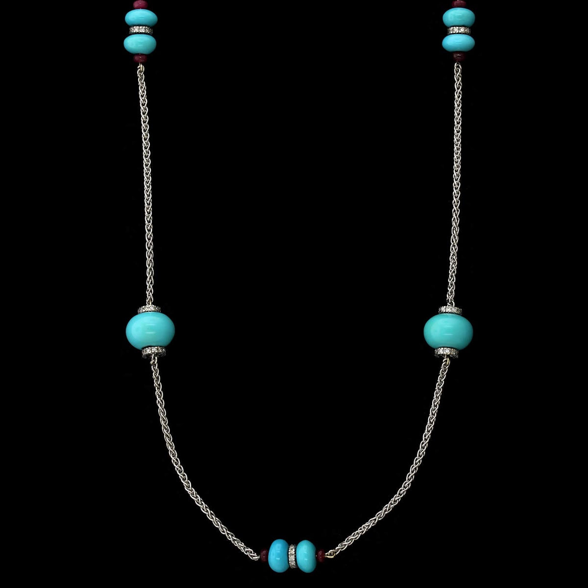 18K White Gold Estate Turquoise, Ruby and Diamond Necklace