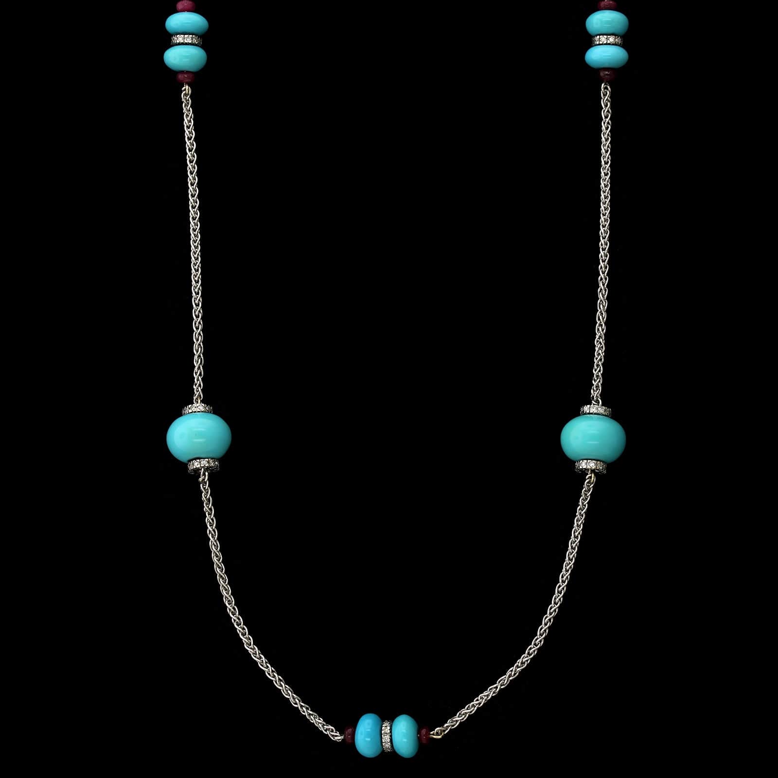 18K White Gold Estate Turquoise, Ruby and Diamond Necklace