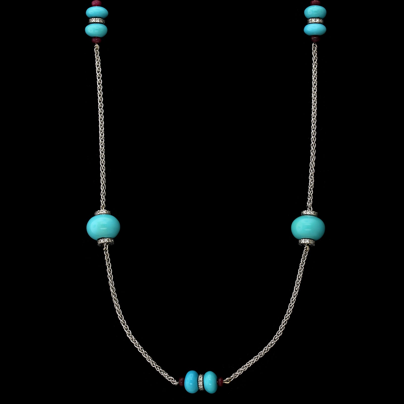 18K White Gold Estate Turquoise, Ruby and Diamond Necklace