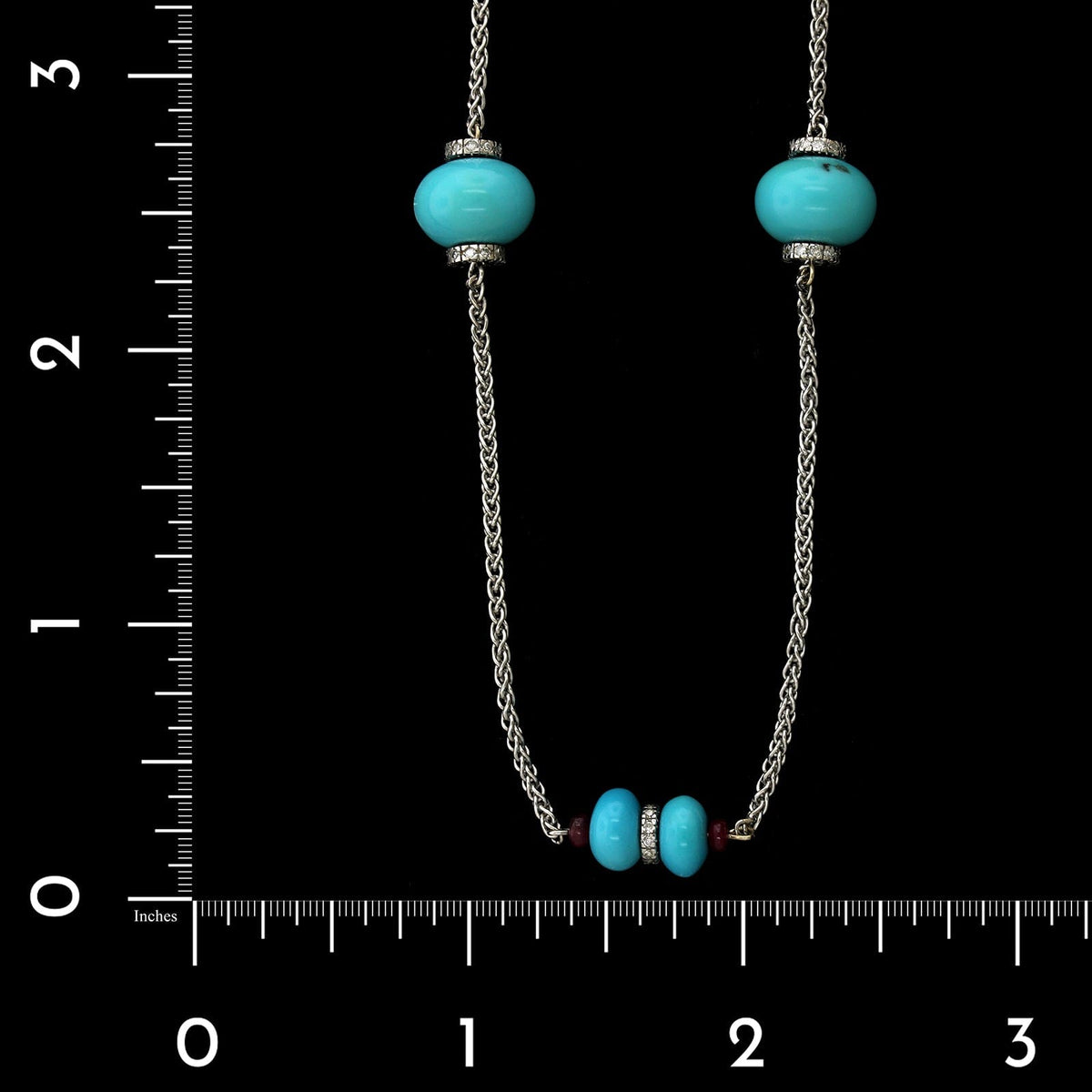 18K White Gold Estate Turquoise, Ruby and Diamond Necklace