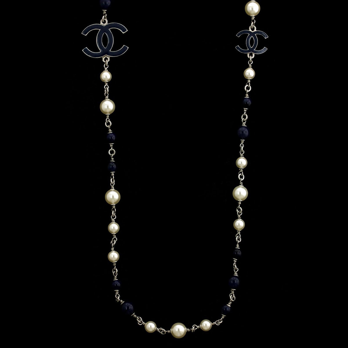 Chanel Three CC Logo Estate Blue Bead and Faux Pearl Necklace