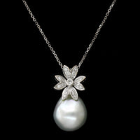18K White Gold Estate Baroque Cultured Pearl and Diamond Pendant