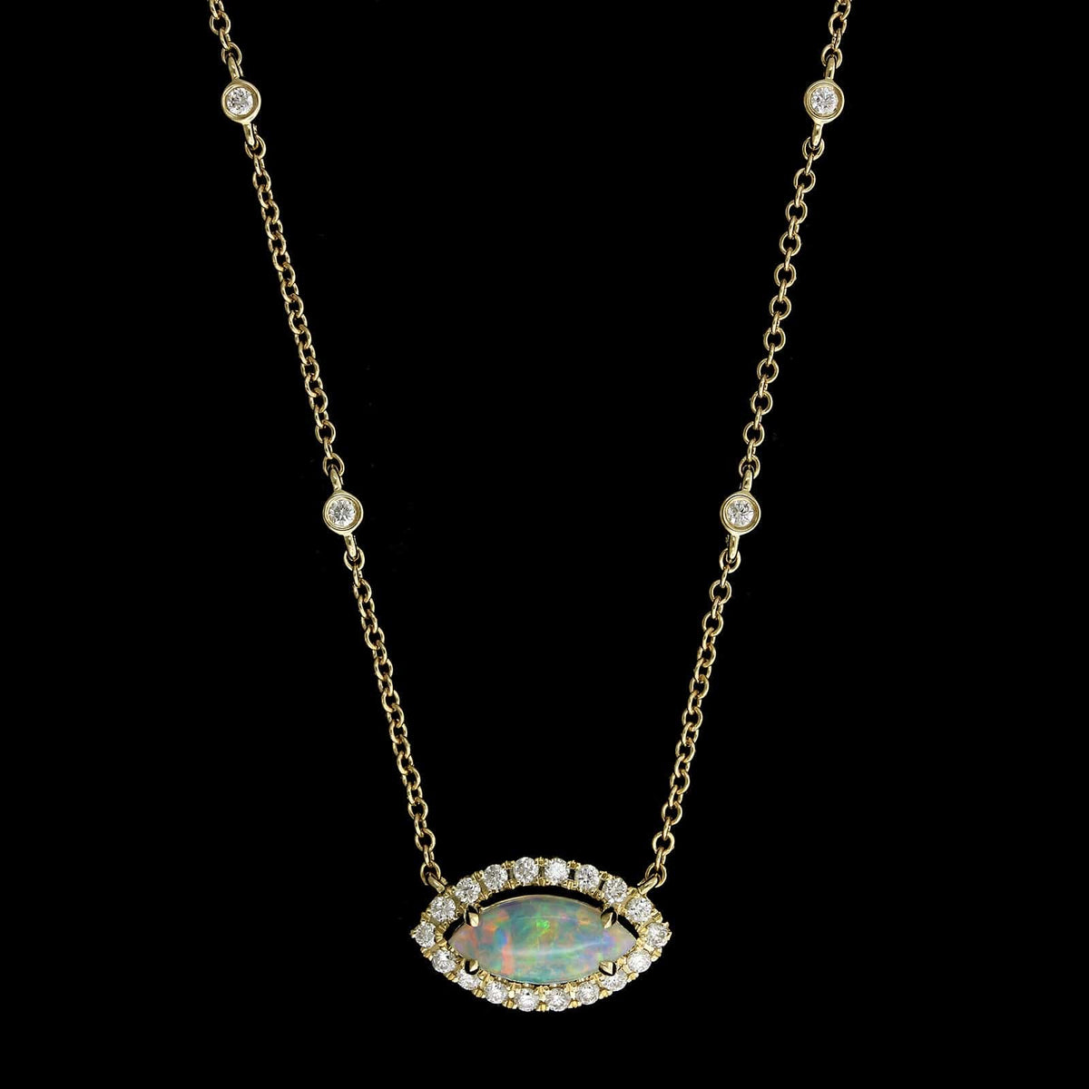 14K Yellow Gold Estate Opal and Diamond Pendant Necklace