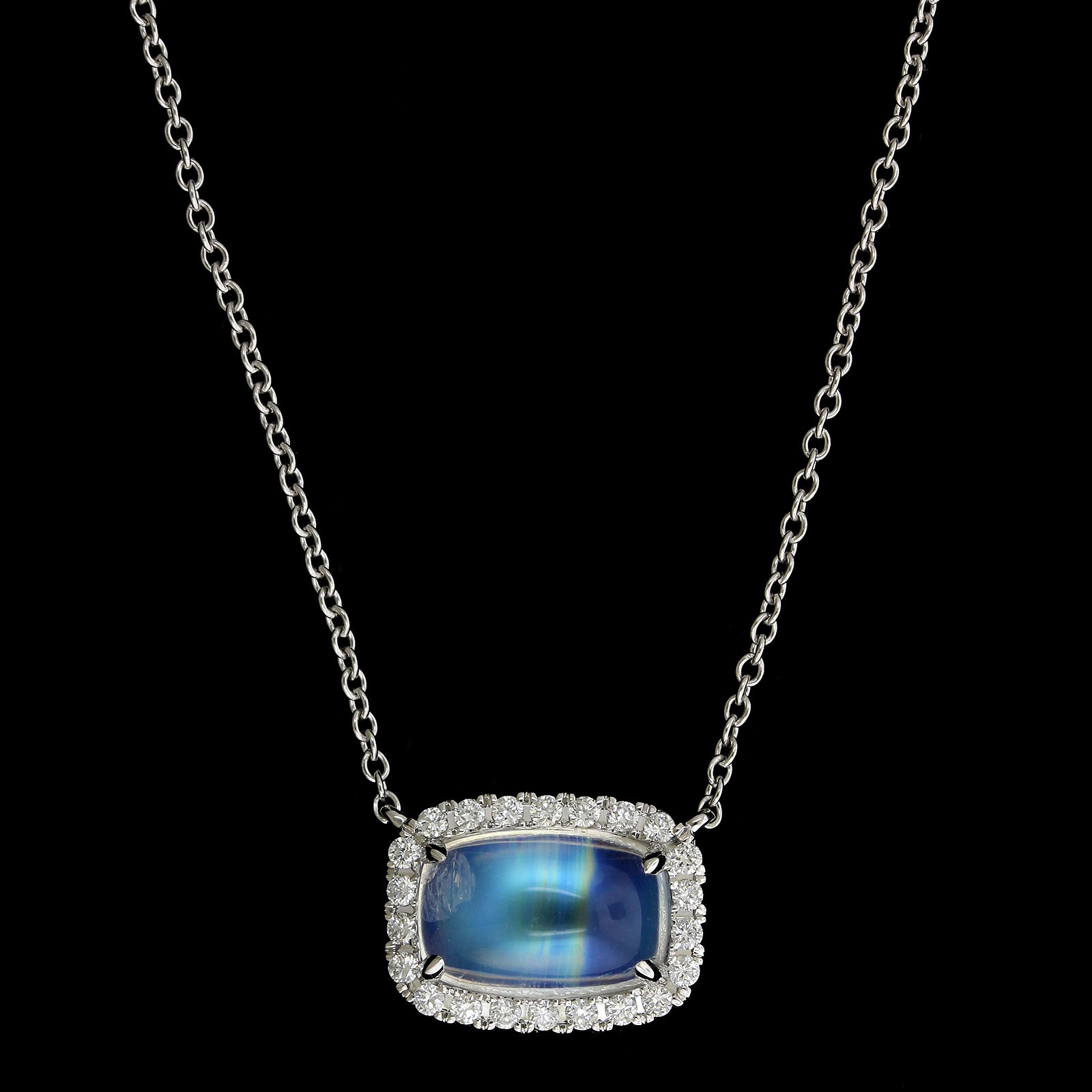 18K White Gold Estate Moonstone and Diamond Pendant Necklace