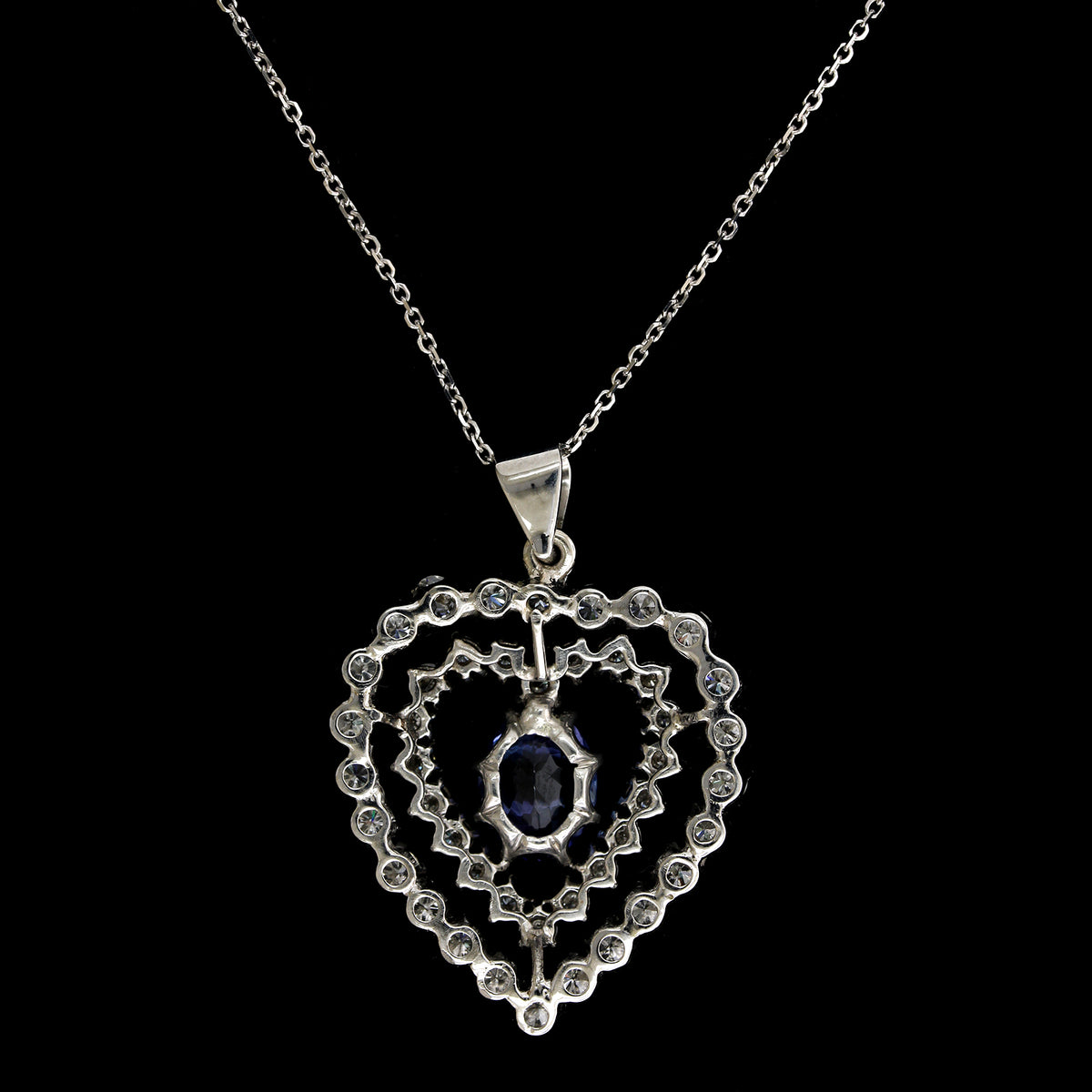 14K White Gold Estate Tanzanite and Diamond Heart Pendant Necklace