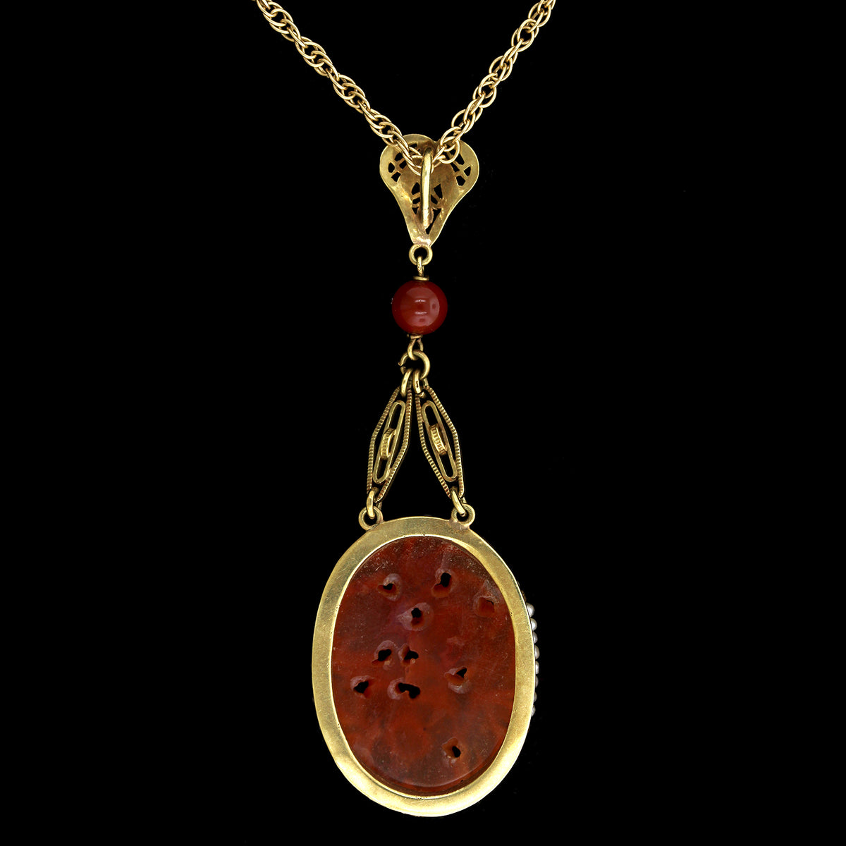 14K Yellow Gold Estate Carnelian and Seed Pearl Necklace