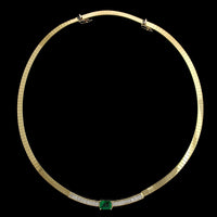 14K Yellow Gold Estate Emerald and Diamond Necklace