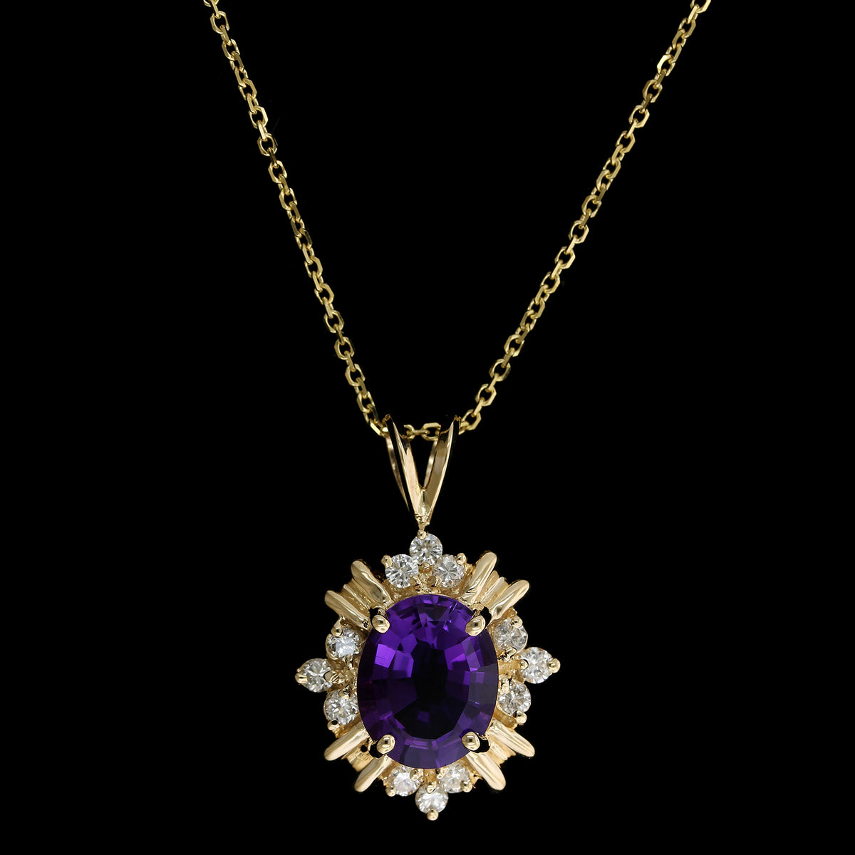 14K Yellow Gold Estate Amethyst and Diamond Pendant Necklace