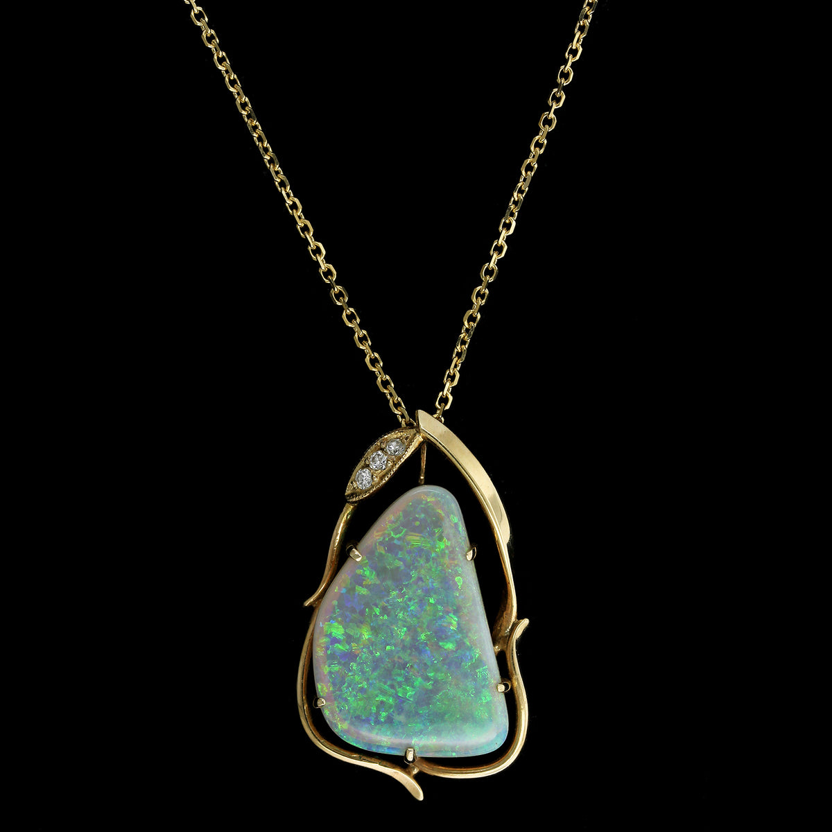 14K Yellow Gold Estate Opal and Diamond Pendant Necklace