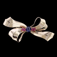 Retro 14K Yellow Gold Estate Sapphire and Ruby Bow Pin