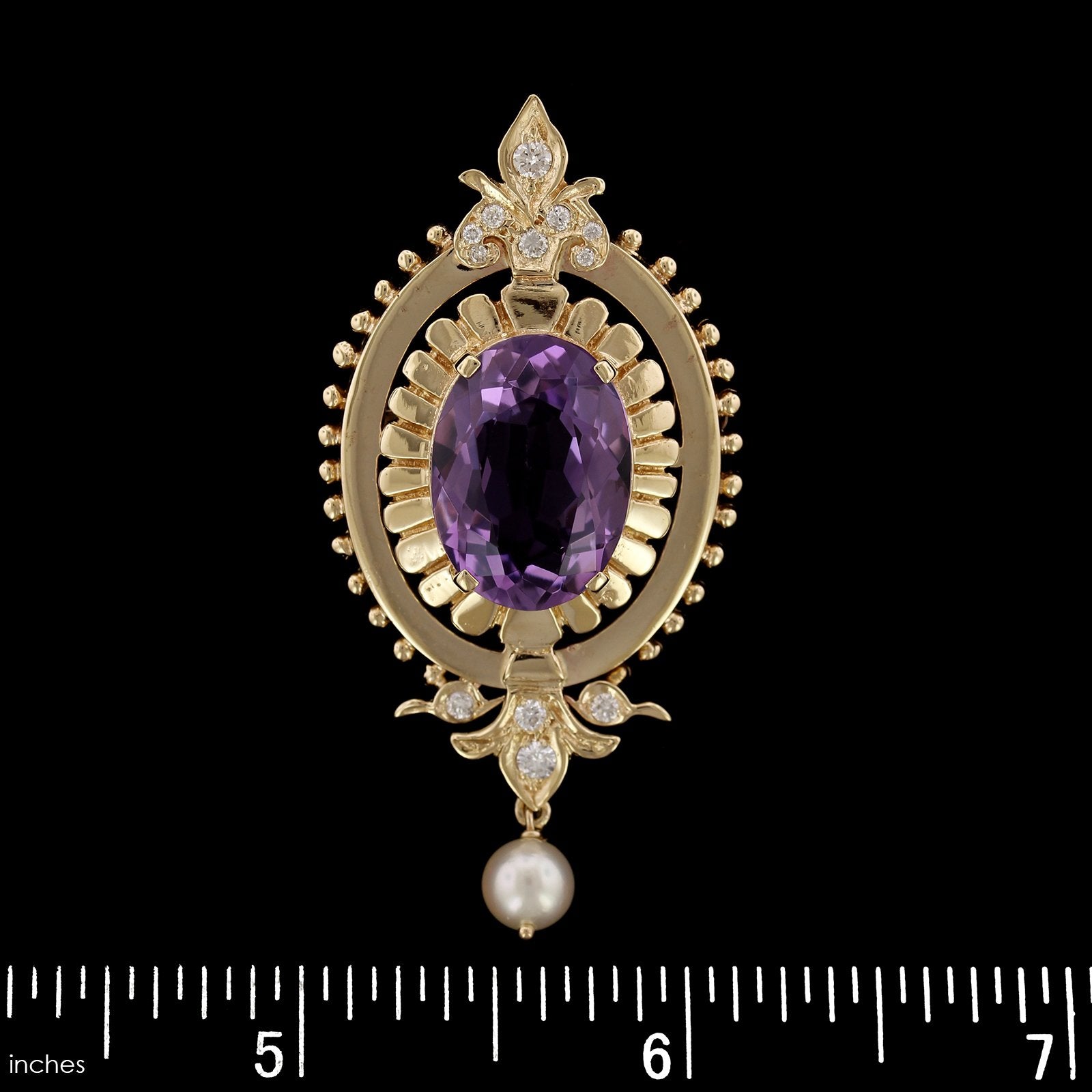 14K Yellow Gold Estate Amethyst Cultured Pearl and Diamond Pin/Pendant