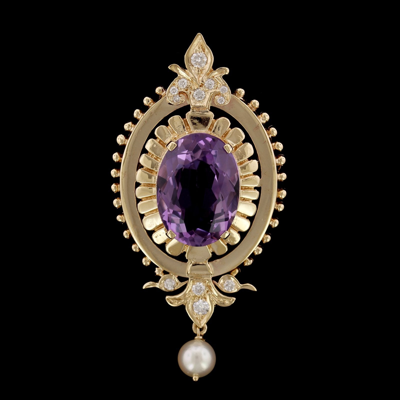 14K Yellow Gold Estate Amethyst, Cultured Pearl and Diamond Pin/Pendant