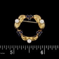 18K Yellow Gold Estate Cultured Pearl and Sapphire Circle Pin