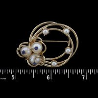 14K Yellow Gold Estate Cultured Pearl and Sapphire Pin