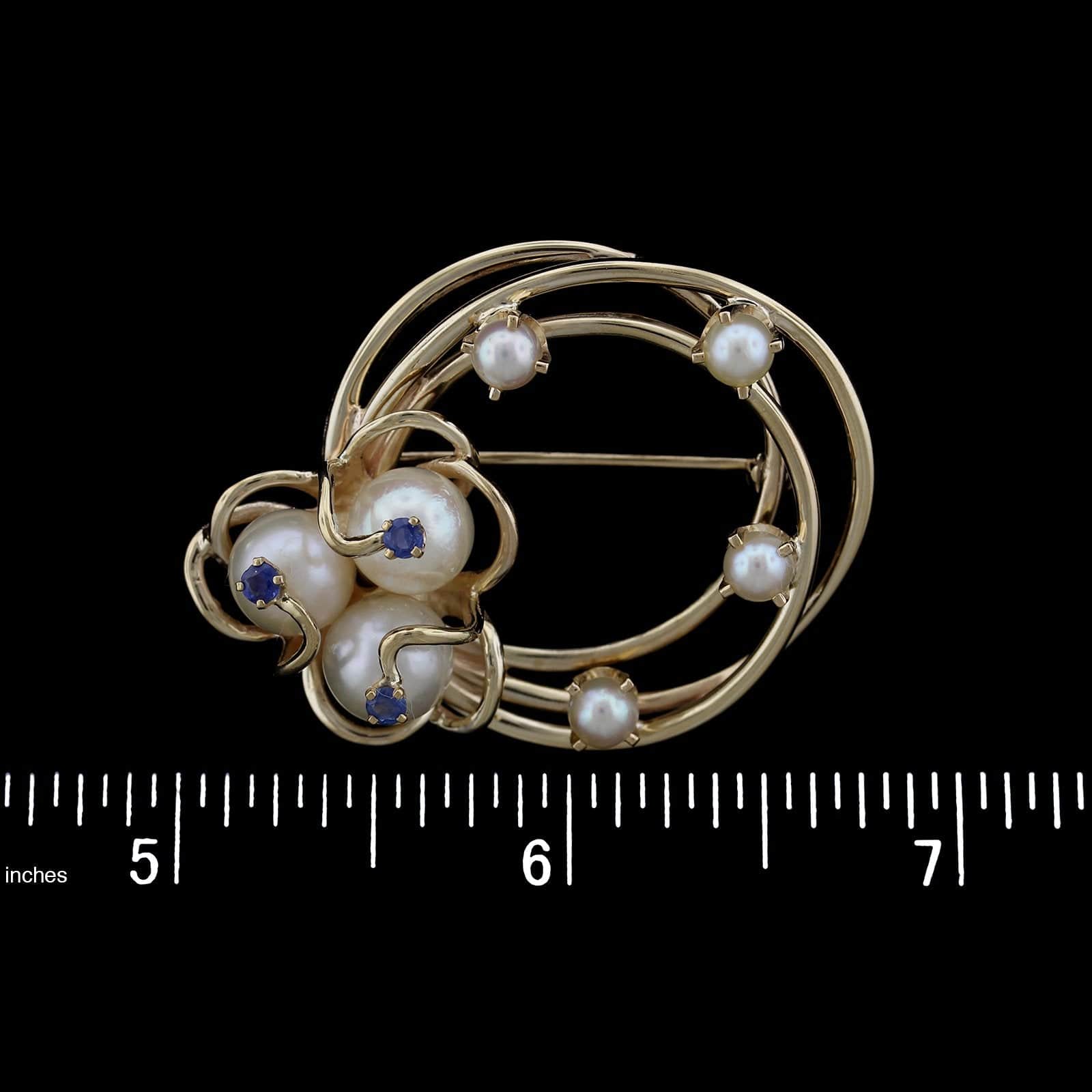 14K Yellow Gold Estate Cultured Pearl and Sapphire Pin