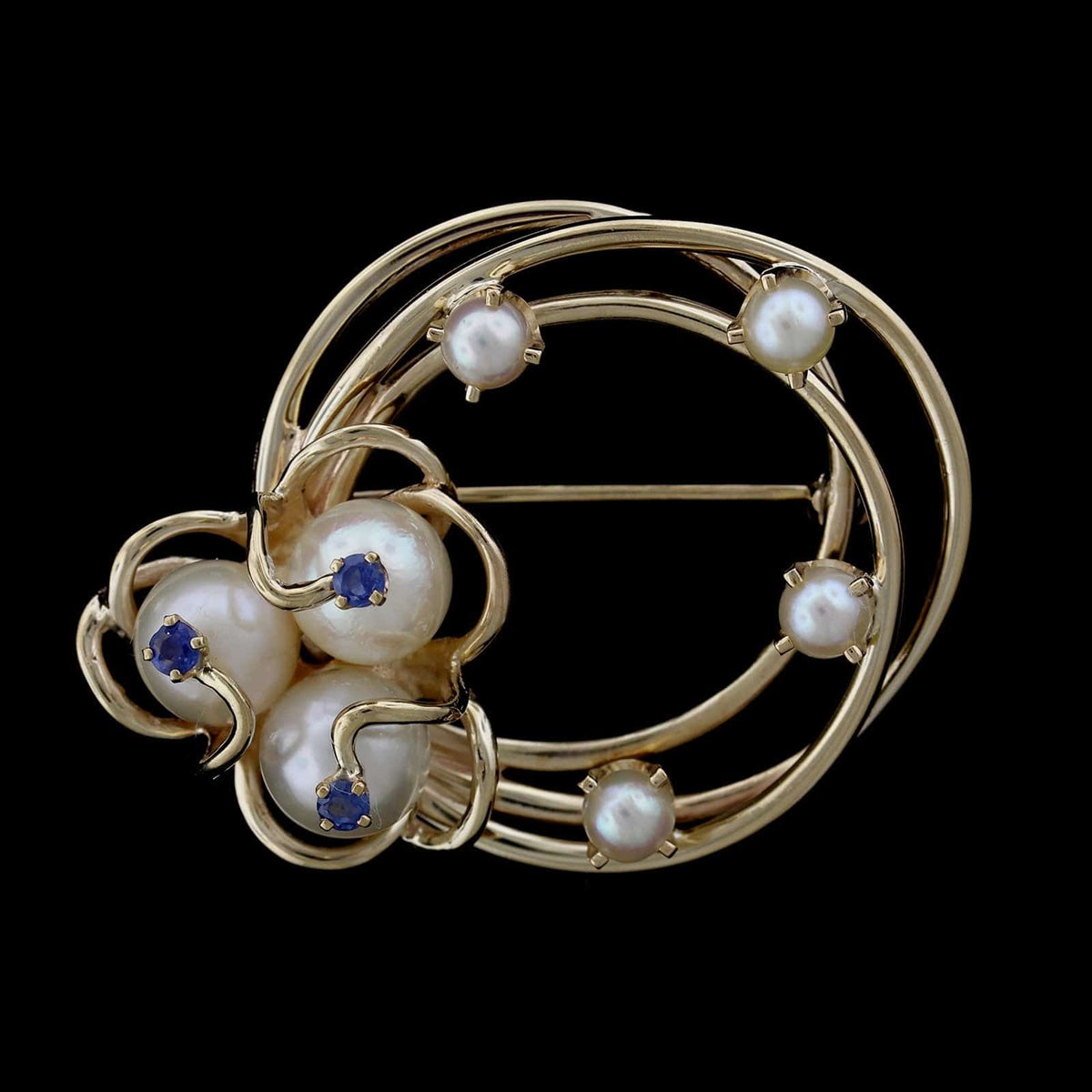 14K Yellow Gold Estate Cultured Pearl and Sapphire Pin