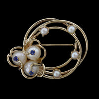 14K Yellow Gold Estate Cultured Pearl and Sapphire Pin