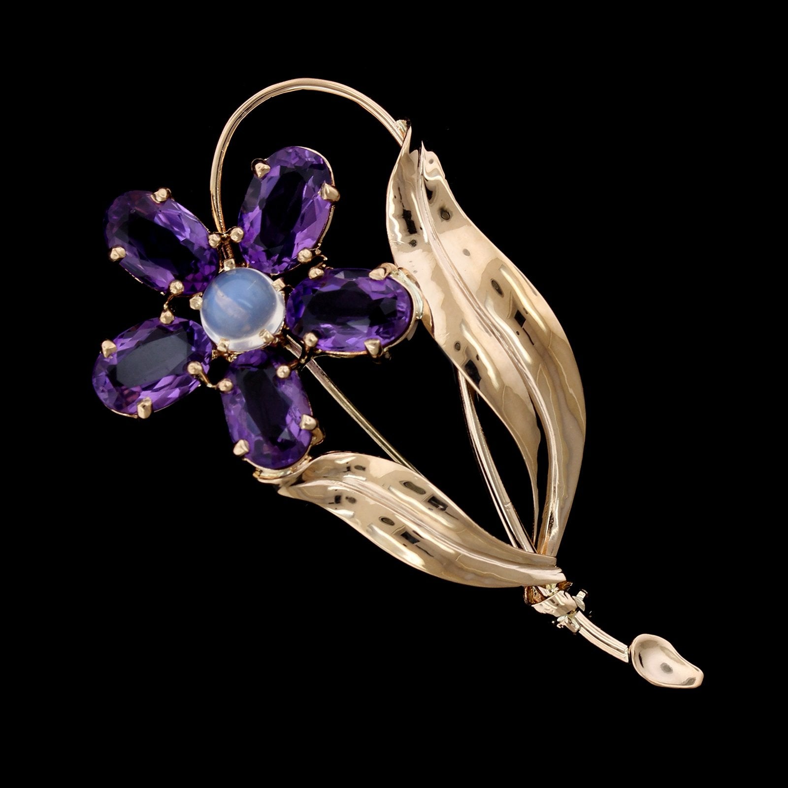 14K Yellow Gold Amethyst and Moonstone Flower Pin
