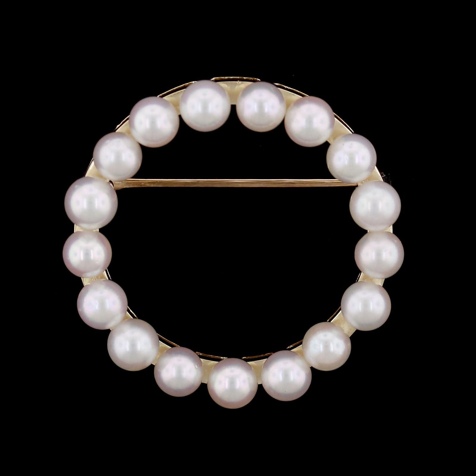 14K Yellow Gold Estate Cultured Pearl Circle Pin