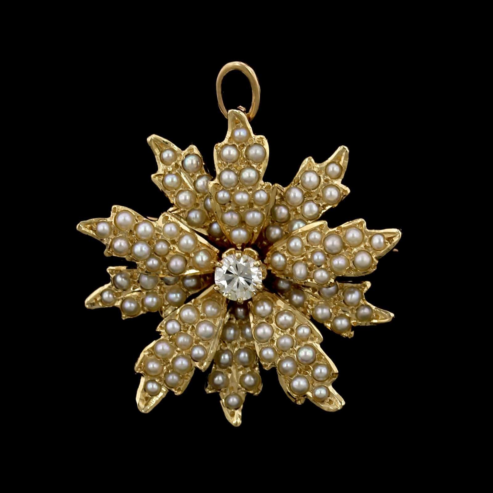 Vintage 14K Yellow Gold Estate Cultured Seed Pearl and Diamond Flower Pin/Pendant