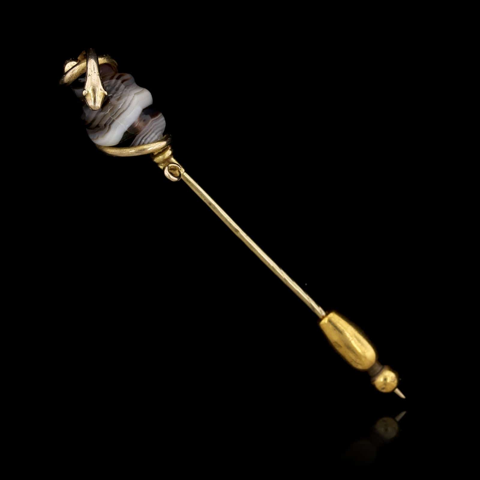 Antique 14K Yellow Gold Estate Banded Agate with Snake Stick Pin