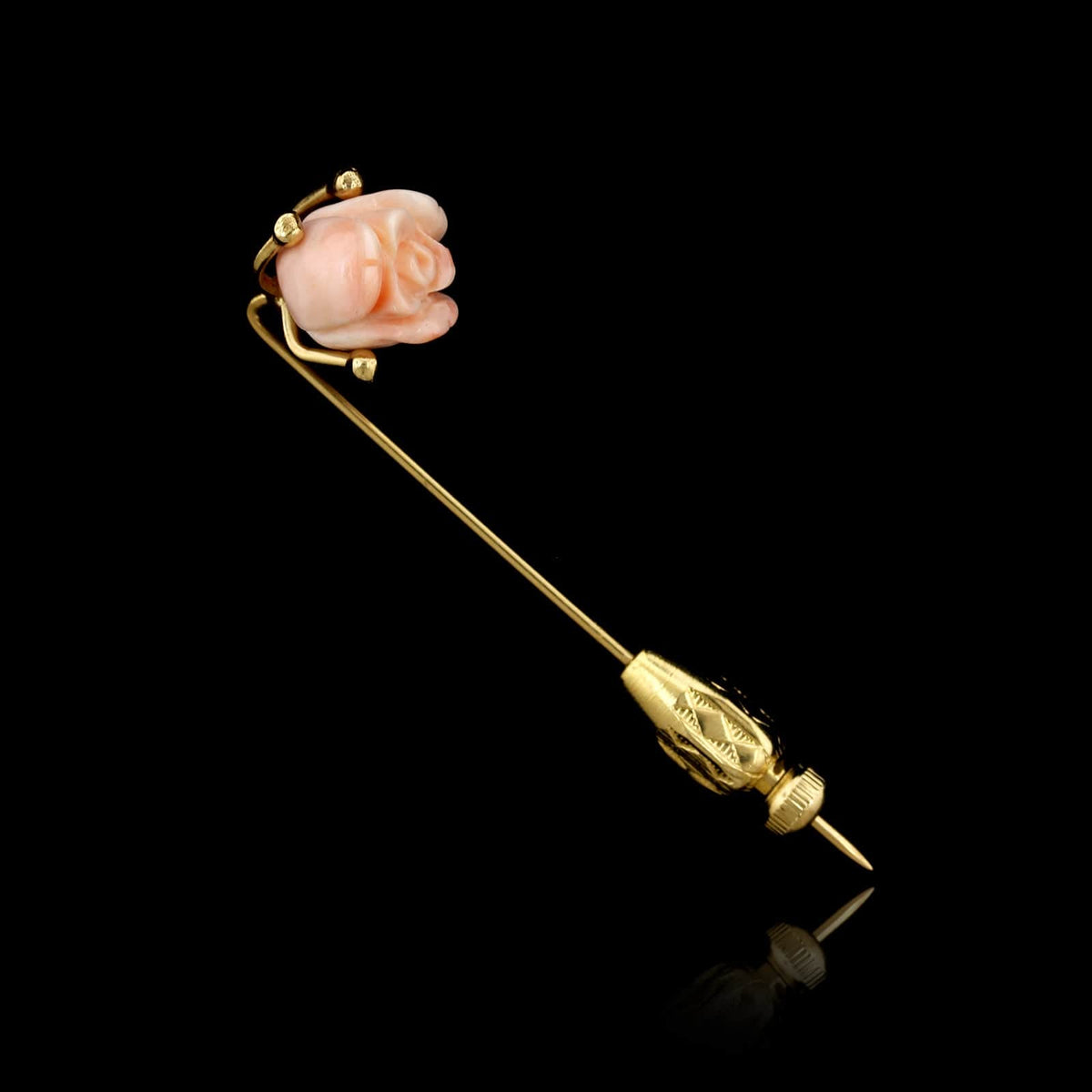 14K Yellow Gold Estate Carved Coral Flower Stick Pin