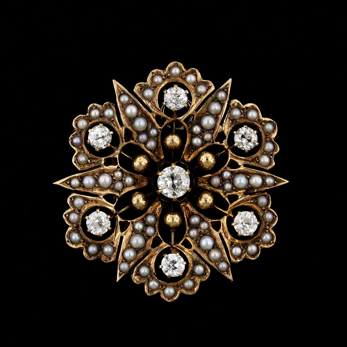 14K Yellow Gold Estate Cultured Seed Pearl and Diamond Pin Pendant