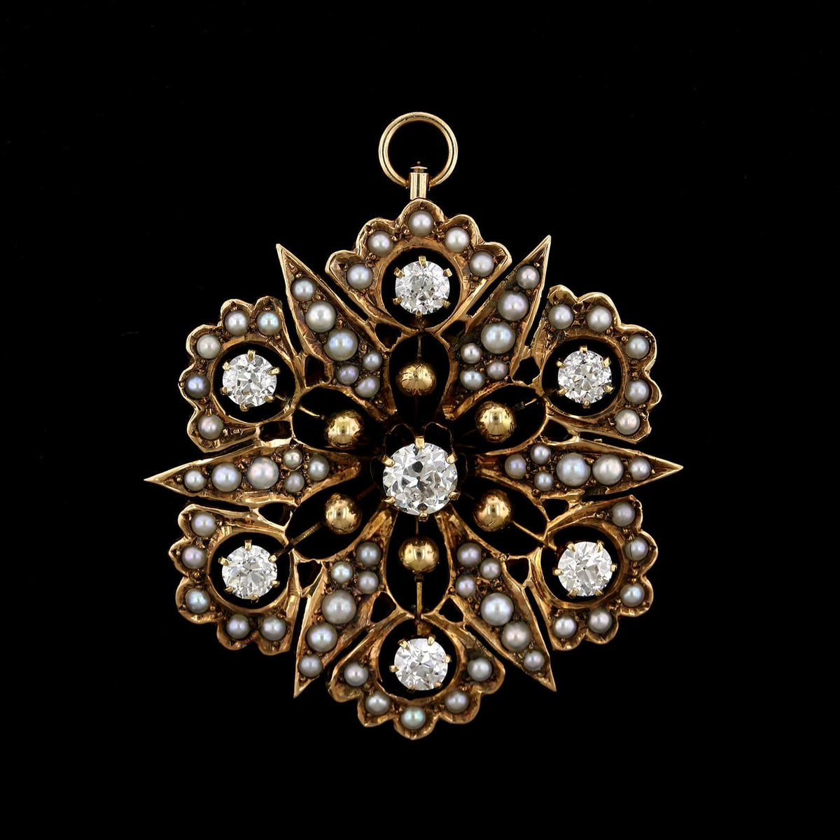 14K Yellow Gold Estate Cultured Seed Pearl and Diamond Pin Pendant