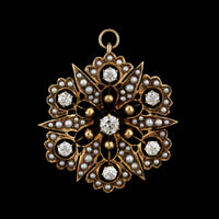 14K Yellow Gold Estate Cultured Seed Pearl and Diamond Pin Pendant