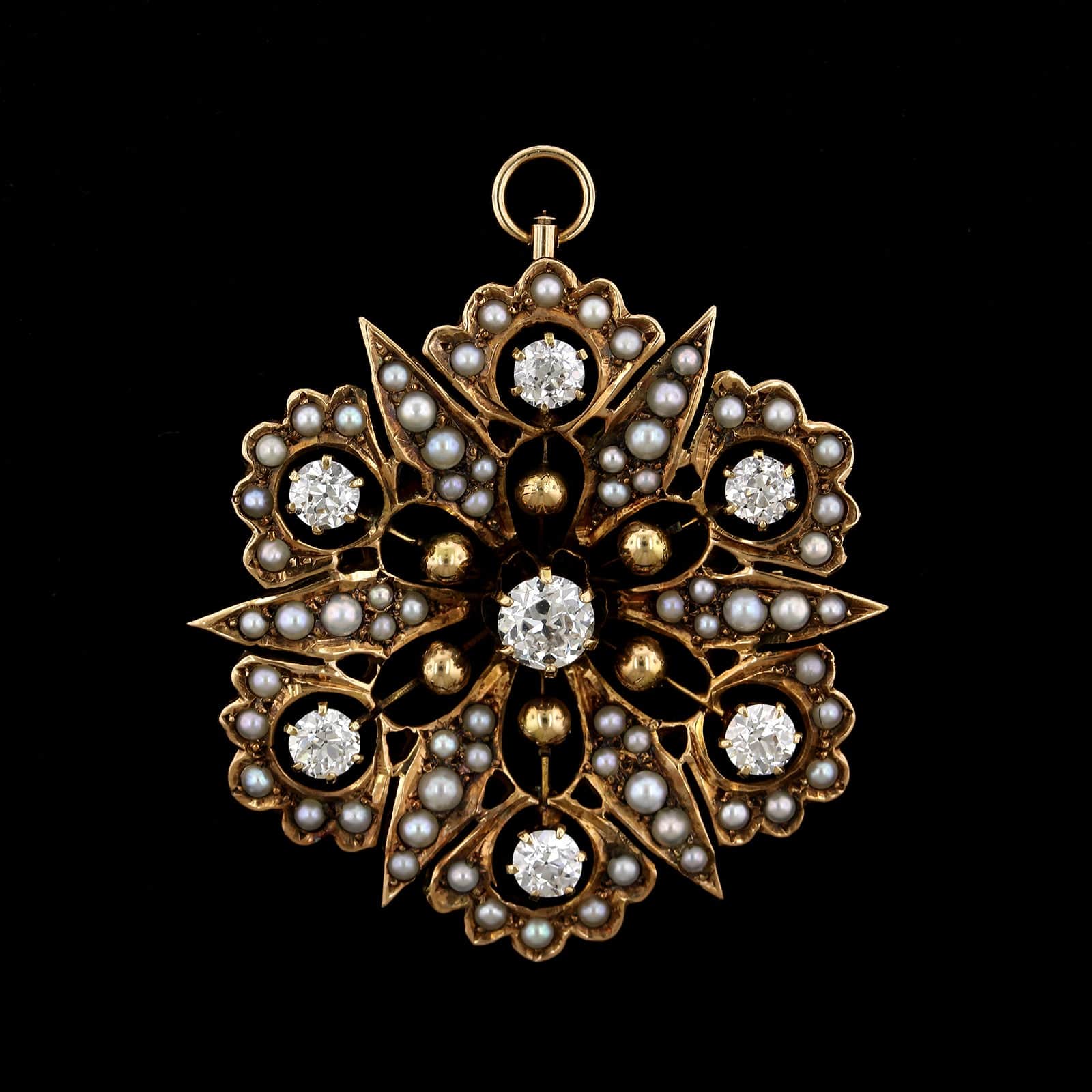 14K Yellow Gold Estate Cultured Seed Pearl and Diamond Pin Pendant