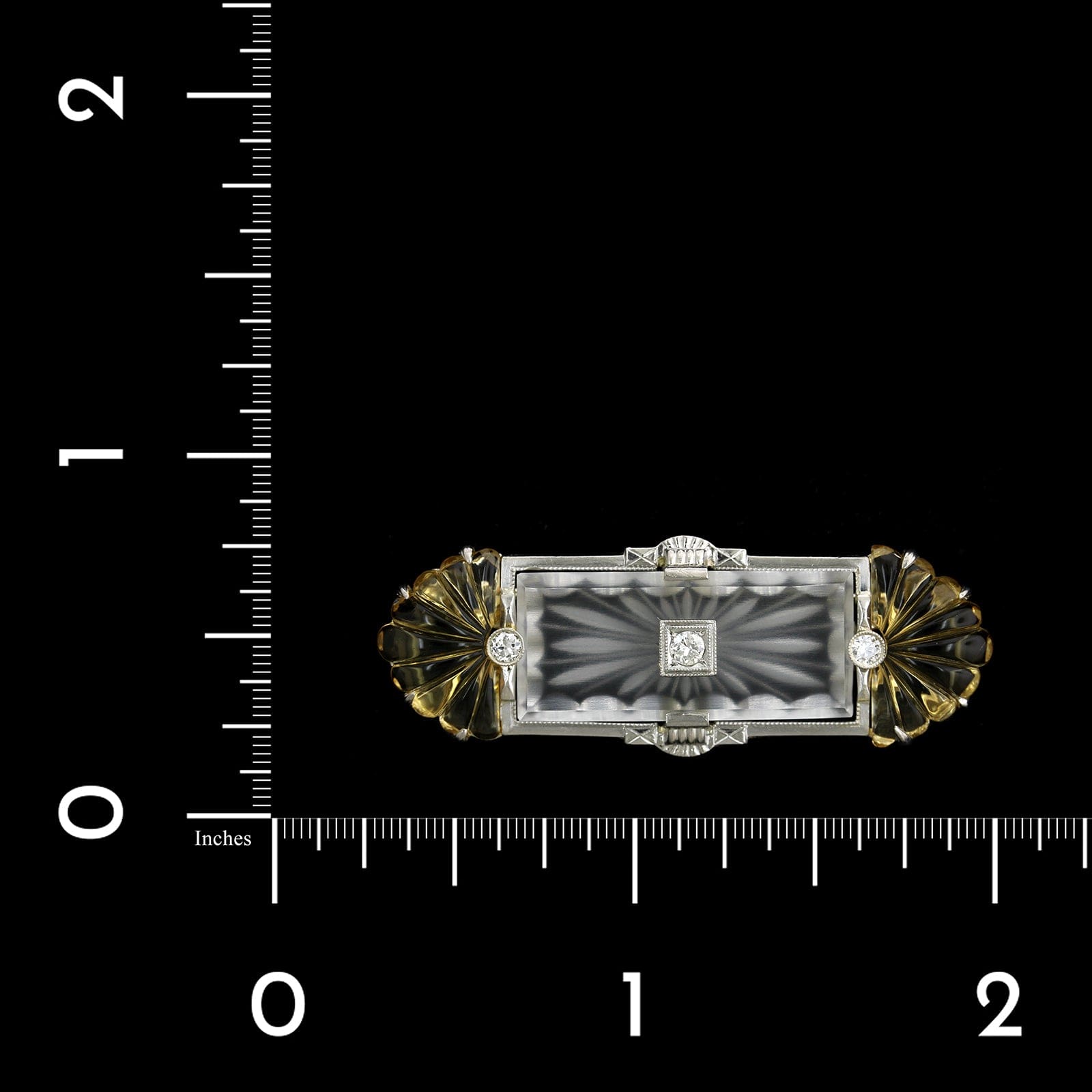 Krementz Art Deco 14K White Gold Estate Rock Crystal, Citrine and Diamond Pin