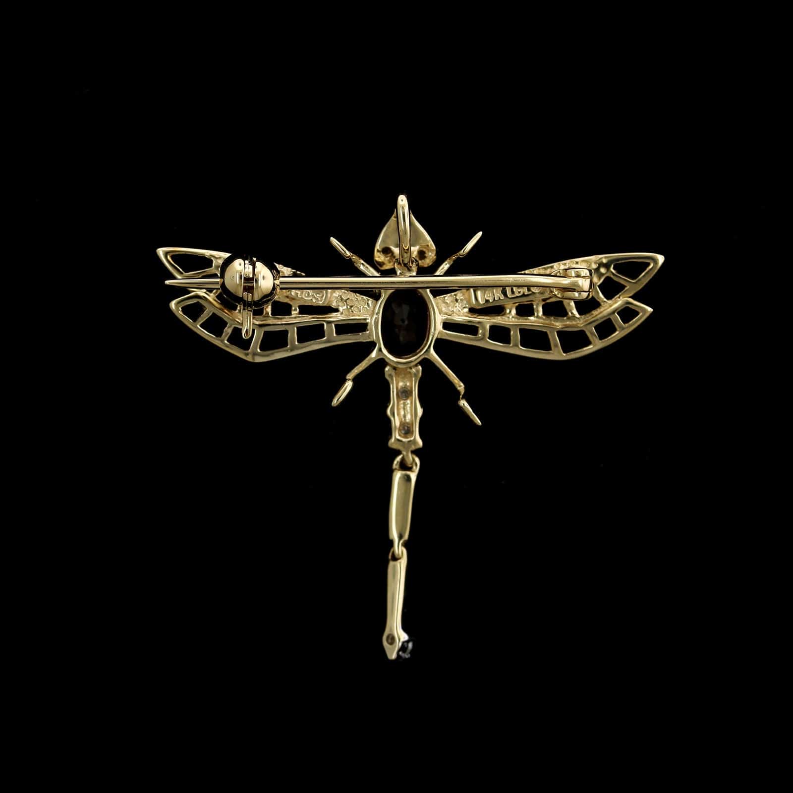 14K Yellow Gold Estate Garnet and Diamond Dragonfly Pin Pendant