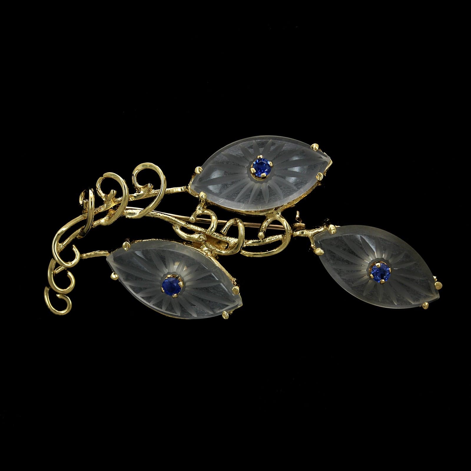 Moba 14K Yellow Gold Estate Carved Crystal and Sapphire Pin