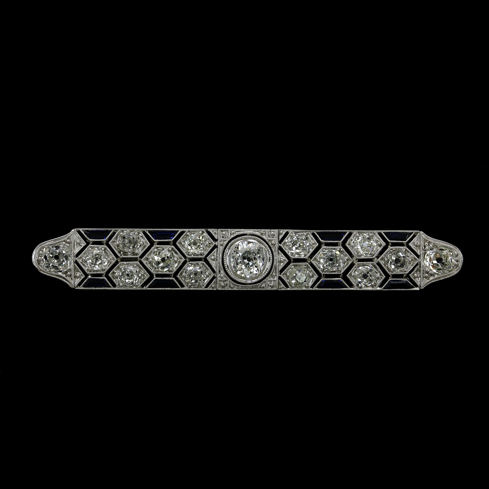 Art Deco 14K White Gold Estate Diamond and Sapphire Bar Pin