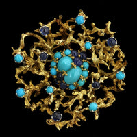18K Yellow Gold Estate Turquoise and Sapphire Pin