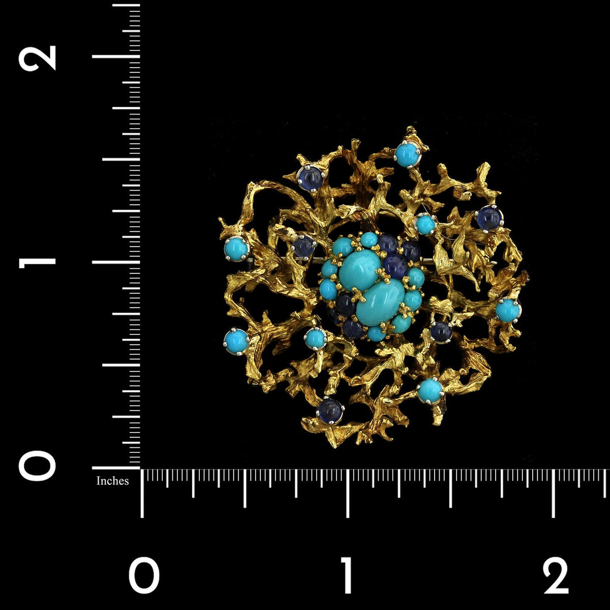 18K Yellow Gold Estate Turquoise and Sapphire Pin