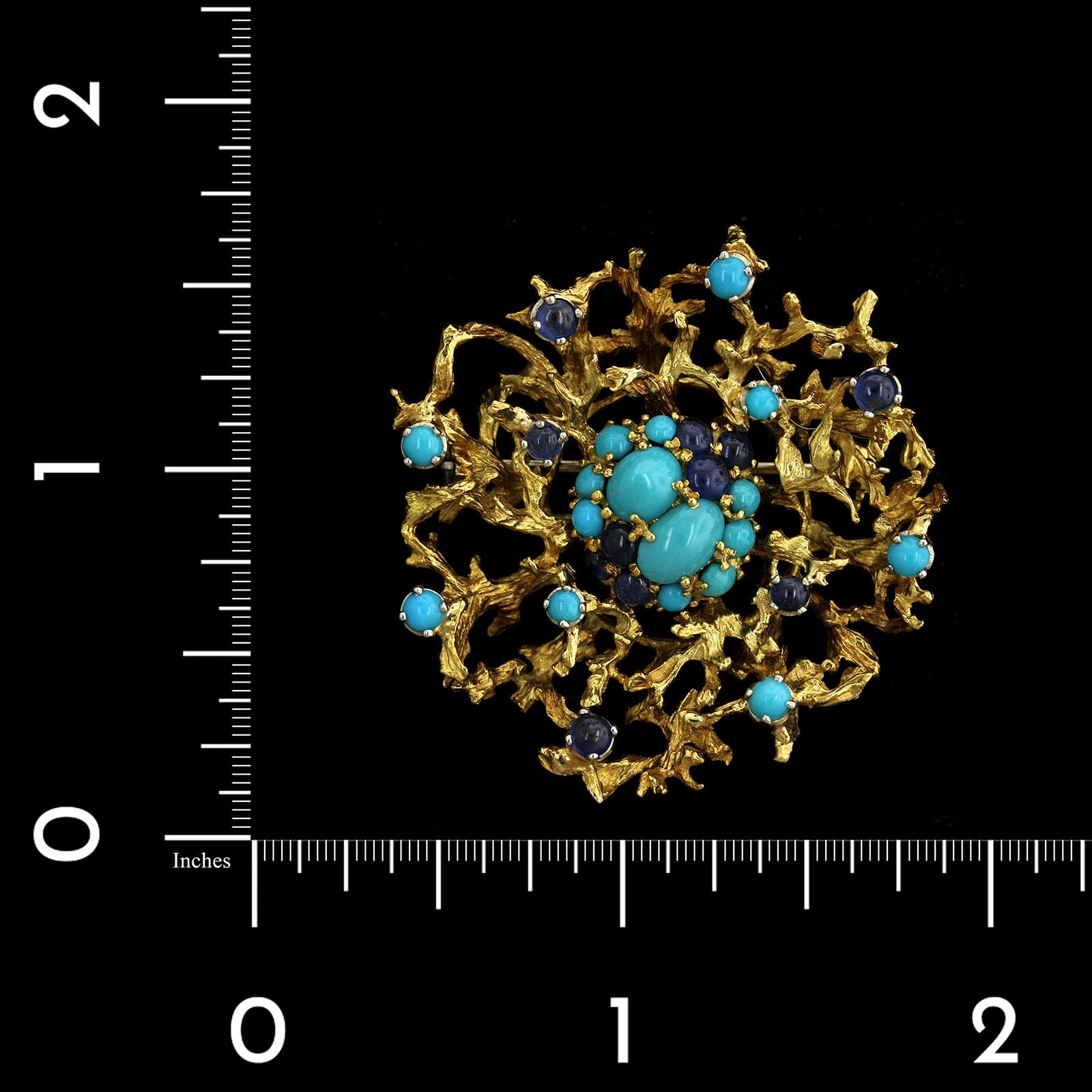 18K Yellow Gold Estate Turquoise and Sapphire Pin