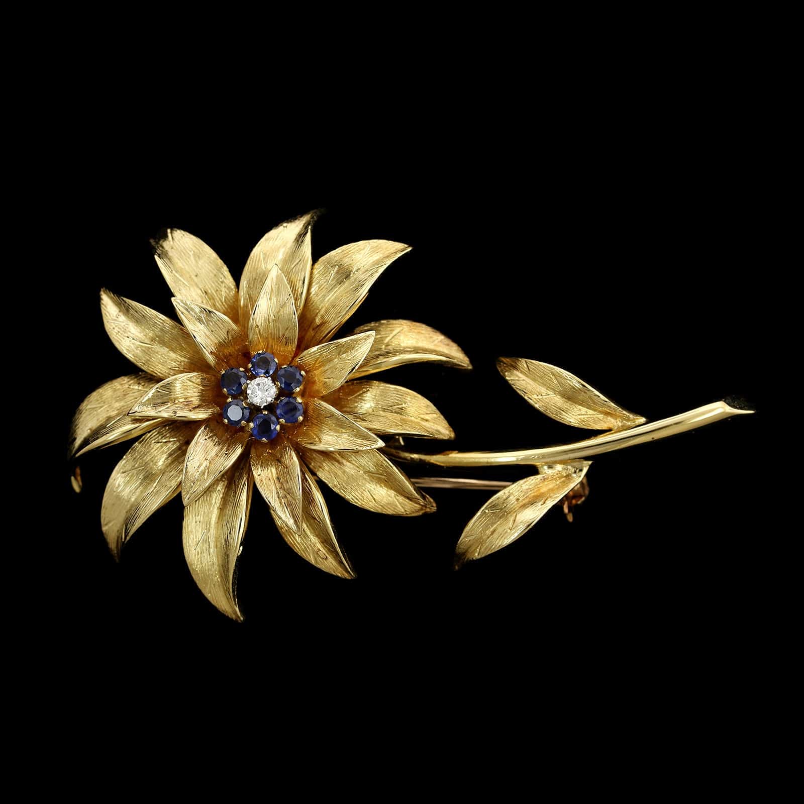 Tiffany & Co. 18K Yellow Gold Estate Sapphire and Diamond Flower Pin