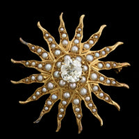 Antique 14K Yellow Gold Estate Diamond and Cultured Seed Pearl Starburst Pin Pendant
