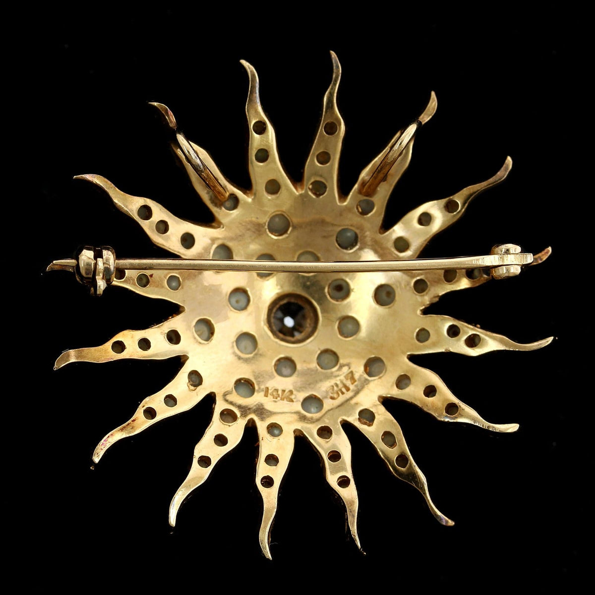 Antique 14K Yellow Gold Estate Diamond and Cultured Seed Pearl Starburst Pin Pendant