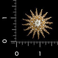 Antique 14K Yellow Gold Estate Diamond and Cultured Seed Pearl Starburst Pin Pendant