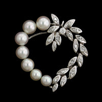 14K White Gold Estate Cultured Pearl and Diamond Heart Pin Enhancer