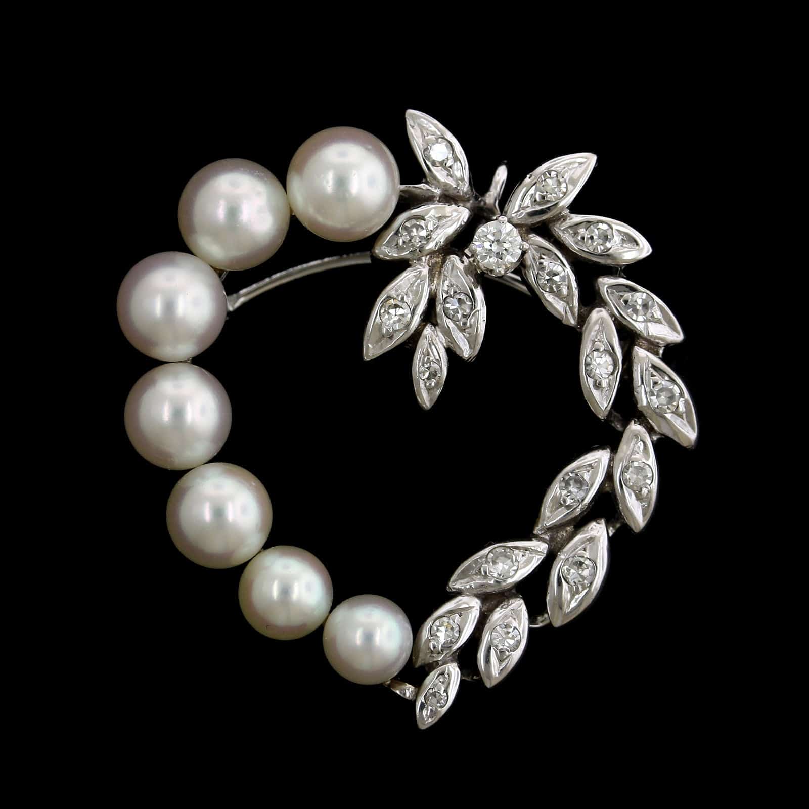 14K White Gold Estate Cultured Pearl and Diamond Heart Pin Enhancer